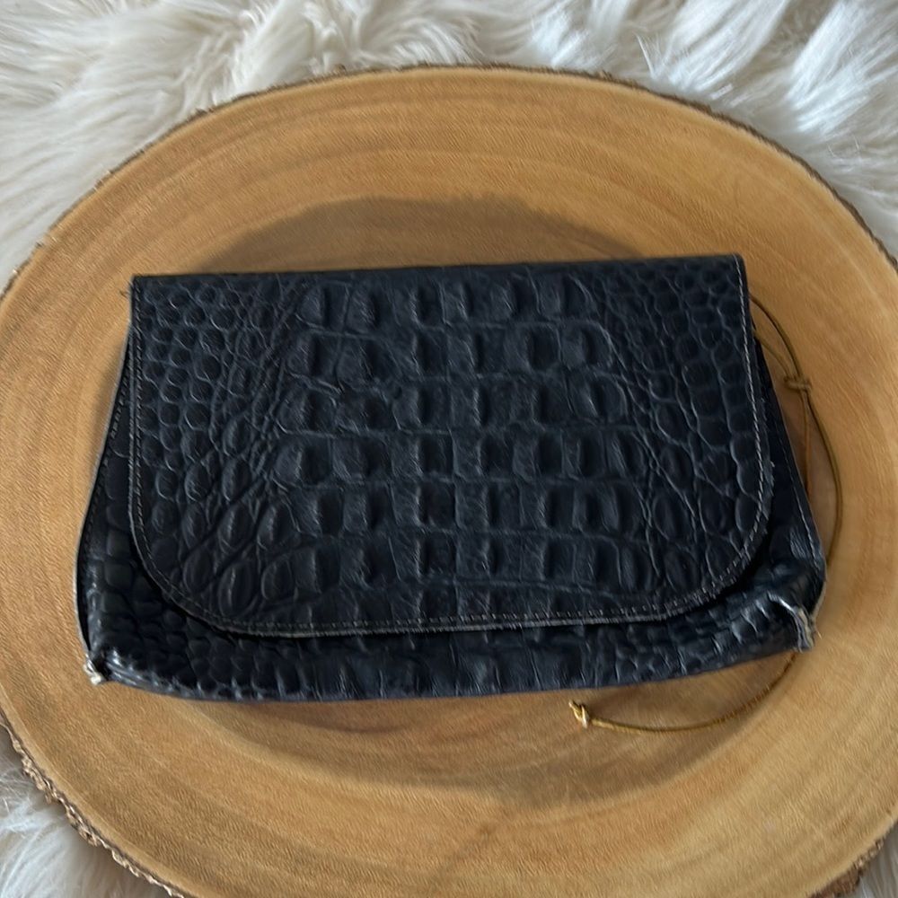 B. MAY BLACK EMBOSSED CROC FOLDOVER CLUTCH